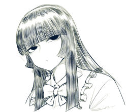 Rule 34 | 1girl, bags under eyes, black eyes, black hair, blunt bangs, bow, bowtie, collared shirt, eyelashes, frown, greyscale, hime cut, houraisan kaguya, japanese clothes, long hair, looking to the side, monochrome, shaded face, shirt, simple background, sketch, spacezin, touhou, unamused, very long hair, white background