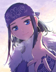 Rule 34 | 1girl, ainu, ainu clothes, asirpa, bad id, bad pixiv id, bandana, blue bandana, blue eyes, blue hair, cape, closed mouth, commentary request, dark blue hair, day, ear piercing, earrings, fur cape, golden kamuy, highres, hoop earrings, jewelry, lips, long hair, long sleeves, looking at viewer, outdoors, piercing, ring, sidelocks, sky, smile, solo, tetsuko gk, upper body, white cape, wide sleeves