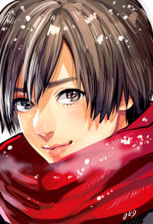 Rule 34 | androgynous, brown eyes, brown hair, character request, gender request, lips, looking at viewer, nose, okada (hoooojicha), portrait, red scarf, scarf, short hair, snow, solo