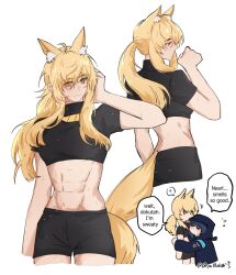 Rule 34 | 2girls, ?, abs, absurdres, animal ear fluff, animal ears, arknights, arya melati, black hair, black shirt, black shorts, blonde hair, blush, breasts, closed eyes, crop top, doctor (arknights), extra ears, female doctor (arknights), from side, gym shirt, gym shorts, hand in own hair, hand up, highres, hood, hood up, hooded coat, horse ears, horse girl, horse tail, hug, long hair, low ponytail, medium breasts, midriff, multiple girls, multiple views, navel, nearl (arknights), orange eyes, shirt, short shorts, shorts, sidelocks, signature, simple background, smile, spoken question mark, stomach, sweat, tail, toned, twitter username, white background