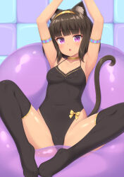 Rule 34 | armlet, armpits, arms up, black one-piece swimsuit, black thighhighs, breasts, egyptian cat (sasaame), highres, looking at viewer, medium breasts, one-piece swimsuit, original, purple eyes, sasaame, spread legs, swimsuit, thighhighs, tile wall, tiles