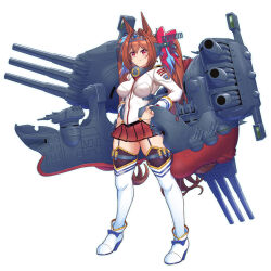 Rule 34 | 1girl, animal ears, armor, boots, brown hair, cannon, commentary request, cosplay, covered erect nipples, crossover, daiwa scarlet (umamusume), high heel boots, high heels, horse ears, horse girl, kantai collection, mecha, mecha musume, military uniform, moke ro, red eyes, robot, skirt, solo, thighhighs, twintails, uchuu senkan yamato, uchuu senkan yamato 2199, umamusume, uniform, white thighhighs, yamato (kancolle)