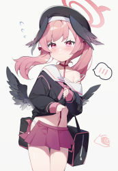 Rule 34 | 1girl, absurdres, beret, black hat, black wings, blue archive, blush, collarbone, feathered wings, halo, hat, head wings, highres, koharu (blue archive), looking at viewer, low wings, measho, medium hair, miniskirt, neckerchief, off shoulder, pink eyes, pink hair, pink neckerchief, pink skirt, sailor collar, skirt, sleeves past fingers, sleeves past wrists, solo, twintails, undressing, white sailor collar, wings
