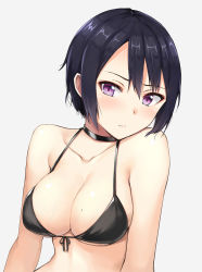 Rule 34 | 1girl, bare arms, bare shoulders, bikini, black bikini, black choker, black hair, black ribbon, blush, breasts, choker, cleavage, closed mouth, collarbone, front-tie bikini top, front-tie top, grey background, hashi, head tilt, lips, medium breasts, mole, mole on breast, original, purple eyes, ribbon, short hair, simple background, solo, swimsuit, teeth, upper body, upper teeth only, veins, veiny breasts