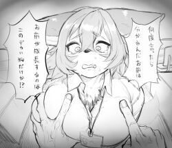 Rule 34 | 1girl, anger vein, animal ears, animal nose, body fur, breasts, collared shirt, constricted pupils, disembodied hand, fang, female focus, furry, furry female, grabbing, grabbing another&#039;s breast, greyscale, hair between eyes, id card, indoors, japanese text, lanyard, large breasts, long hair, looking at viewer, monochrome, nervous, office lady, open mouth, original, pointing, pointing at another, pov, raised eyebrows, shirt, sidelocks, sketch, solo focus, speech bubble, suima (sleepiness18), sweat, tail, talking, tears, translation request