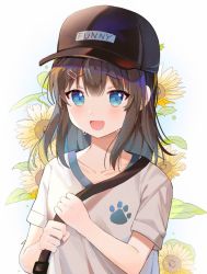 Rule 34 | 1girl, bad id, bad twitter id, black hat, blue eyes, brown hair, clothes writing, collarbone, commentary request, flower, hair ornament, hairclip, hat, kongya, korean commentary, long hair, looking at viewer, open mouth, original, paw print, shirt, short sleeves, solo, sunflower, sweat, white shirt