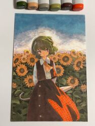 Rule 34 | 1girl, arms behind back, art tools in frame, ascot, blue sky, buttons, center frills, closed mouth, cloud, collared shirt, commentary request, cowboy shot, flower, frills, green hair, highres, holding, holding umbrella, kazami yuuka, long skirt, long sleeves, looking to the side, marker, marker (medium), outdoors, photo (medium), plaid, plaid skirt, plaid vest, red eyes, red skirt, red vest, shiratama (hockey), shirt, short hair, signature, skirt, sky, solo, standing, sunflower, touhou, traditional media, umbrella, vest, wavy hair, white shirt, yellow ascot