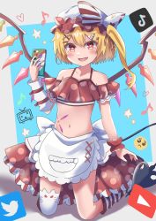 Rule 34 | 1girl, absurdres, apron, back bow, blonde hair, blue background, bow, commentary request, crystal, crystal wings, fingernails, flandre scarlet, frilled apron, frills, hat, heart ribbon, high meron, highres, holding, holding phone, internet survivor, midriff, mob cap, multicolored bow, multicolored wings, navel, open mouth, phone, pocket, polka dot, polka dot headwear, polka dot skirt, red eyes, sharp fingernails, side ponytail, simple background, skirt, solo, stomach, stomach tattoo, tattoo, tiktok logo, touhou, twitter logo, waist apron, waist bow, white apron, white bow, wings
