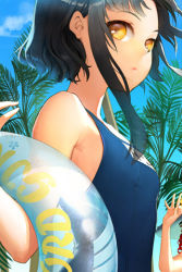 Rule 34 | 1girl, black hair, breasts, day, flat chest, innertube, lowres, one-piece swimsuit, outdoors, school swimsuit, short hair, short hair with long locks, sita vilosa, solo, swim ring, swimsuit, sword girls, yellow eyes