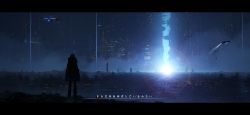 Rule 34 | 1girl, asteroid ill, bad id, bad twitter id, boots, building, city lights, cityscape, commentary request, from behind, highres, iz (asteroid ill), letterboxed, night, original, outdoors, scenery, science fiction, solo, standing, translated