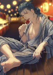 Rule 34 | 1boy, abs, alternate costume, artist name, barefoot, bench, blue hair, blurry, blurry background, candy apple, collarbone, commentary request, cu chulainn (fate), cu chulainn (fate/stay night), depth of field, earrings, eating, fangs, fate/stay night, fate (series), food, from side, japanese clothes, jewelry, kimono, looking at viewer, male focus, medium hair, mondi hl, night, pectorals, ponytail, red eyes, ring, sitting, solo, yukata