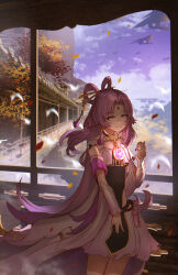 Rule 34 | 1girl, absurdres, advarcher, bow-shaped hair, chest jewel, closed mouth, commentary, cowboy shot, dress, expressionless, forehead jewel, fu xuan (honkai: star rail), glowing, hair ornament, hair stick, hand up, highres, honkai: star rail, honkai (series), long hair, long sleeves, looking at viewer, parted bangs, pink hair, short dress, sky, solo, standing, very long hair, white dress, yellow eyes