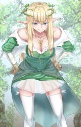 Rule 34 | 1girl, bad id, bad pixiv id, bare shoulders, biibii, blonde hair, blue eyes, breasts, brown gloves, cleavage, commentary request, crown, dress, elf, forest, gloves, green dress, hands on own hips, large breasts, leaning forward, long hair, looking at viewer, nature, original, pointy ears, smile, solo, thighhighs, white thighhighs