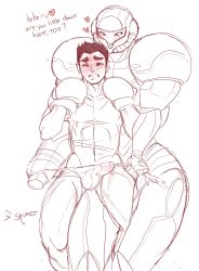 Rule 34 | 1boy, 1girl, abs, arm cannon, armor, blush, boxing gloves, bulge, clothes pull, erection, erection under clothes, femdom, gloves, heart, height difference, helmet, highres, keppok, little mac, metroid, monochrome, muscular, nintendo, penis, power armor, power suit, precum, pulling another&#039;s clothes, punch-out!!, samus aran, shorts, shorts pull, super smash bros., sweat, teasing, thick thighs, thighs, uncensored, varia suit, weapon