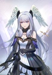 Rule 34 | 1girl, absurdres, black dress, black gloves, blue eyes, blush, breasts, closed mouth, cowboy shot, curly hair, dress, elbow gloves, gloves, grey hair, head wings, highres, holding, holding staff, long hair, looking at viewer, medium breasts, melia antiqua, q18607, solo, staff, wings, xenoblade chronicles (series), xenoblade chronicles 3