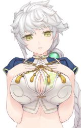 Rule 34 | 10s, 1girl, asymmetrical hair, braid, breasts, cleavage cutout, clothing cutout, cloud print, crop top, hands on own chest, jitome, kantai collection, large breasts, long hair, looking at viewer, midriff, parted lips, rokuwata tomoe, short sleeves, silver hair, simple background, single braid, solo, unryuu (kancolle), very long hair, yellow eyes