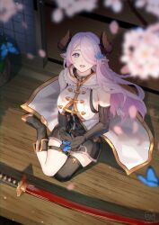 1girl absurdres asymmetrical_gloves bare_shoulders black_gloves blue_eyes braid breasts cherry_blossoms commentary draph gloves granblue_fantasy hair_ornament hair_over_one_eye highres horns katana large_breasts long_hair narmaya_(granblue_fantasy) open_mouth pink_hair pointy_ears rin_arizu shouji single_braid single_thighhigh sitting sliding_doors smile solo sword tatami thigh_strap thighhighs uneven_gloves very_long_hair weapon