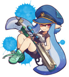 Rule 34 | 1girl, armor, bad id, bad pixiv id, bike shorts, black shirt, black shorts, blue hair, blue hat, blunt bangs, blush, conomi-c5, e-liter 3k (splatoon), full body, green footwear, hat, highres, holding, holding weapon, inkling, inkling girl, inkling player character, light smile, long hair, looking at viewer, lying, nintendo, on back, paint splatter, peaked cap, pointy ears, red eyes, scope, shirt, shoes, short sleeves, shorts, single vertical stripe, sneakers, solo, splatoon (series), splatoon 1, t-shirt, tentacle hair, weapon