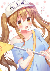 Rule 34 | 10s, 1girl, :d, alternate hairstyle, bad id, bad pixiv id, blue shirt, blush, brown eyes, brown hair, collarbone, commentary request, flag, flat cap, hat, hataraku saibou, highres, long hair, looking at viewer, masayo (gin no ame), musical note, open mouth, platelet (hataraku saibou), shirt, short sleeves, smile, solo, star (symbol), starry background, translation request, twintails, white background, white hat