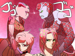 Rule 34 | 2boys, 2girls, diavolo, father and daughter, frown, jojo no kimyou na bouken, kamiura, king crimson (stand), multiple boys, multiple girls, pink hair, pink theme, spice girl (stand), stand (jojo), trish una, vento aureo
