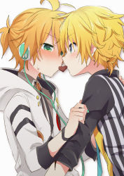 Rule 34 | 2boys, aqua eyes, black shirt, blonde hair, blush, cable, candy, chocolate, chocolate heart, coat, commentary, dual persona, food, forehead-to-forehead, green eyes, headphones, heads together, heart, holding another&#039;s arm, holy lancer (module), hood, hooded coat, kagamine len, looking at another, male focus, multiple boys, necktie, project diva (series), selfcest, sharing food, shirt, short ponytail, simple background, spiked hair, squinting, striped clothes, striped shirt, sudachi (calendar), upper body, vertical-striped clothes, vertical-striped shirt, vocaloid, white background, white coat, white edge (module), yaoi