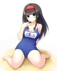 Rule 34 | 1girl, black hair, blue eyes, blue one-piece swimsuit, blunt bangs, blush, braid, breasts, choujigen game neptune, cleavage, closed mouth, collarbone, doria (p f dolia), finger to own chin, full body, hairband, highres, k-sha, long hair, long sleeves, looking at viewer, medium breasts, neptune (series), one-piece swimsuit, school swimsuit, shin jigen game neptune vii, side braid, simple background, sitting, smile, solo, swimsuit, white background