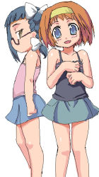Rule 34 | 00s, 2girls, arms at sides, asatte no houkou, bare shoulders, black hair, blue skirt, blunt bangs, blush, bow, braid, brown hair, camisole, collarbone, glasses, green skirt, hair bow, hair ribbon, hairband, hands on own chest, head tilt, iokawa karada, jitome, looking at another, looking at viewer, looking to the side, multiple girls, nogami shouko, profile, ribbon, semi-rimless eyewear, short hair, side braid, simple background, skirt, sleeveless, standing, tank top, under-rim eyewear, white background, white ribbon, yellow eyes, zanzi