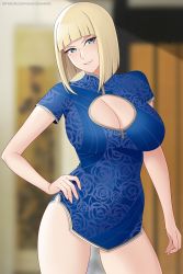 Rule 34 | 1girl, absurdres, ass, blonde hair, bob cut, breasts, chinese clothes, cleavage, cleavage cutout, clothing cutout, hand on own hip, highres, huge ass, looking at viewer, naruto (series), naruto shippuuden, samui (naruto), solo, tagme, thighs