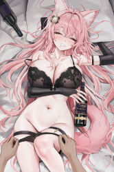 Rule 34 | 1boy, 1girl, absurdres, animal ear fluff, animal ears, arknights, bed sheet, black bra, black panties, blush, bottle, bra, breasts, bridal gauntlets, cleavage, closed eyes, commission, drunk, gompang 11, highres, holding, holding bottle, lace, lace bra, lace panties, large breasts, lingerie, lying, navel, on back, panties, panty pull, pillow, pozyomka (arknights), pulling another&#039;s clothes, sleep molestation, sleeping, solo focus, underwear
