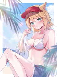 Rule 34 | 1girl, animal ear fluff, animal ears, bare shoulders, bikini, bikini top only, blonde hair, blue shorts, blue sky, braid, breasts, cat ears, cleavage, closed mouth, collarbone, commission, cutoffs, day, facial mark, final fantasy, final fantasy xiv, green eyes, hat, highres, knees up, lens flare, long sleeves, looking at viewer, medium breasts, miqo&#039;te, navel, outdoors, red hat, short hair, shorts, side braid, sitting, skeb commission, sky, solo, sparkle, strap lift, suzumori (su2525), swimsuit, visor cap, warrior of light (ff14), whisker markings, white footwear