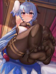Rule 34 | 1girl, absurdres, ahoge, arm up, armpits, blue hair, blush, breasts, brown pantyhose, censored, feet, foot focus, ganyu (genshin impact), genshin impact, highres, horns, huge filesize, long hair, looking at viewer, nipples, paid reward available, pantyhose, purple eyes, pussy, rkrk12, see-through, smell, soles, solo, thighs, toes