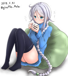 Rule 34 | 1girl, alternate costume, black thighhighs, blue eyes, blue sweater, braid, breasts, coffee, cup, dated, giraffe (ilconte), highres, kantai collection, long hair, long sleeves, mole, mole under eye, mug, no panties, pillow, silver hair, single braid, sitting, small breasts, solo, sweater, thighhighs, twitter username, umikaze (kancolle), very long hair