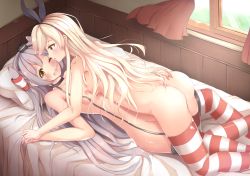 Rule 34 | 2girls, :o, amatsukaze (kancolle), ass, ass grab, bed, bed sheet, black hairband, black neckwear, blonde hair, blush, breasts, choker, collarbone, curtains, from above, girl on top, hair tubes, hairband, highres, holding hands, interlocked fingers, kantai collection, long hair, lying, mia (kuja999), multiple girls, nipples, on back, on bed, on stomach, one eye closed, parted lips, pillow, profile, shimakaze (kancolle), silver hair, small breasts, striped clothes, striped legwear, striped thighhighs, tareme, thighhighs, two side up, very long hair, window, yellow eyes, yuri