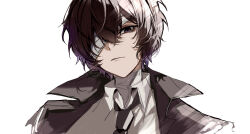 Rule 34 | 1boy, absurdres, bandage over one eye, black eyes, black hair, black jacket, black necktie, bungou stray dogs, closed mouth, dazai osamu (bungou stray dogs), expressionless, hair between eyes, highres, jacket, looking at viewer, male focus, necktie, shirt, short hair, simple background, solo, upper body, white background, white shirt, ya ta