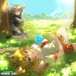 Rule 34 | 2girls, absurdres, animal ears, antlers, arm rest, arm up, black hair, blonde hair, blue sky, copyright name, dappled sunlight, day, extra ears, fang, fanning self, flower, fur collar, fur scarf, grass, hand fan, hand up, highres, holding, holding fan, horns, japari symbol, kemono friends, kemono friends kingdom, knee up, lion (kemono friends), lion ears, long hair, long sleeves, looking at another, looking at viewer, lying, miniskirt, moose (kemono friends), moose ears, multiple girls, necktie, official art, on back, on grass, on ground, open mouth, outdoors, pantyhose, parted lips, pleated skirt, scarf, shirt, shoes, short sleeves, sitting, skirt, sky, sunlight, sweat, sweater, thighhighs, tree, wariza, yellow eyes, zettai ryouiki