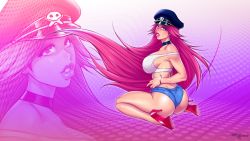 Rule 34 | 1girl, ass, blue eyes, breasts, denim, denim shorts, female focus, final fight, hat, high heels, huge ass, huge breasts, large breasts, long hair, looking at viewer, looking back, melkor mancin, midriff, peaked cap, pink hair, poison (final fight), short shorts, shorts, solo, street fighter, tank top, thick thighs, thighs