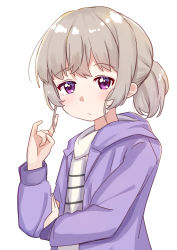 Rule 34 | 1girl, absurdres, ao (flowerclasse), blush, brown hair, closed mouth, commentary request, hand up, highres, hood, hood down, hooded jacket, jacket, long sleeves, looking at viewer, open clothes, open jacket, ponytail, purple eyes, purple jacket, shirt, simple background, slow loop, solo, striped clothes, striped shirt, upper body, white background, white shirt, yoshinaga koi