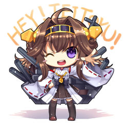 Rule 34 | 10s, 1girl, ;d, boots, brown hair, capura lin, chibi, detached sleeves, japanese clothes, kantai collection, kongou (kancolle), long hair, looking at viewer, nontraditional miko, one eye closed, open mouth, personification, pleated skirt, purple eyes, skirt, smile, solo, thigh boots, thighhighs, wide sleeves, wink, zettai ryouiki