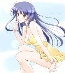 Rule 34 | 10s, 1girl, blue hair, blush, breasts, casual one-piece swimsuit, frapowa, long hair, looking at viewer, love live!, love live! school idol festival, love live! school idol project, medium breasts, one-piece swimsuit, solo, sonoda umi, swimsuit, yellow eyes, yellow one-piece swimsuit