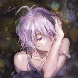 Rule 34 | 1girl, androgynous, bad id, bad pixiv id, bare shoulders, collarbone, commentary request, dated, emu (marico w), expressionless, flower (vocaloid), flower (vocaloid4), half-closed eyes, head rest, highres, multicolored hair, one eye covered, portrait, purple eyes, purple hair, purple shirt, shirt, sketch, solo, spaghetti strap, streaked hair, twitter username, vocaloid