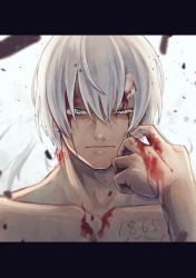 Rule 34 | andy (undead unluck), bleeding, blood, blue eyes, body writing, highres, undead unluck, white background, white hair