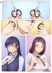 Rule 34 | 1boy, 2girls, absurdres, bad id, bad pixiv id, band-width, black hair, blue eyes, breasts, brown hair, collared shirt, comic, commentary, cunnilingus gesture, earrings, english commentary, gloves, hair ornament, heavy breathing, highres, jewelry, large breasts, long hair, multiple girls, nervous, office lady, original, personification, purple eyes, scissors, scissors hair ornament, shirt, silent comic, tribadism gesture, vest, white gloves, white shirt, yuri