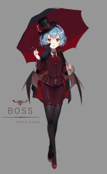 Rule 34 | 1girl, ascot, bad id, bad pixiv id, black cape, black hat, black pantyhose, black wings, blue hair, brooch, cape, carrying over shoulder, character name, cigar, collared shirt, contemporary, crossed legs, ekita kuro, english text, flat chest, full body, grey background, hat, highres, holding, holding umbrella, jacket, jewelry, light particles, lipstick, logo, long sleeves, looking at viewer, low wings, makeup, miniskirt, pantyhose, parted lips, pencil skirt, red eyes, red footwear, red jacket, red lips, red skirt, remilia scarlet, ring, shiny clothes, shirt, shoes, short hair, simple background, skirt, skirt set, slit pupils, solo, standing, thigh gap, top hat, touhou, umbrella, watson cross, white shirt, wings