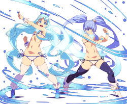 Rule 34 | 2girls, bikini, black legwear, blue eyes, blue hair, blue scarf, boots, clenched hand, closed mouth, crown, cure marine, cure princess, flat chest, happinesscharge precure!, heartcatch precure!, highres, kurumi erika, long hair, looking at viewer, multiple girls, navel, open mouth, precure, scarf, shirayuki hime, side-tie bikini bottom, simple background, smile, standing, swimsuit, tasaka shinnosuke, thighhighs, twintails, very long hair, white background, white bikini, white footwear