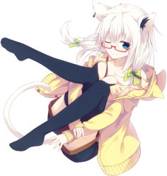 Rule 34 | 1girl, animal ears, animal hood, black thighhighs, blue eyes, bow, breasts, cat ears, cat hood, cat tail, cleavage, collarbone, glasses, hair bow, hood, hooded jacket, jacket, knees to chest, legs up, long hair, looking at viewer, medium breasts, nagishiro mito, one eye closed, original, red-framed eyewear, shorts, simple background, solo, tail, thighhighs, white background, white hair, yellow jacket, zettai ryouiki