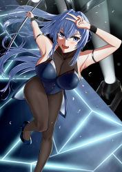 Rule 34 | 1girl, absurdres, anchor ornament, animal ears, arm strap, armpits, azur lane, blue footwear, blue hair, blue leotard, bodystocking, breasts, cleavage, fake animal ears, flybear8763, foot out of frame, from above, hair between eyes, highres, large breasts, leotard, long hair, new jersey (azur lane), new jersey (exhilarating steps!) (azur lane), official alternate costume, playboy bunny, pole, rabbit ears, see-through, see-through cleavage, solo, stage lights, standing, standing on one leg, strapless, strapless leotard, stripper pole, very long hair