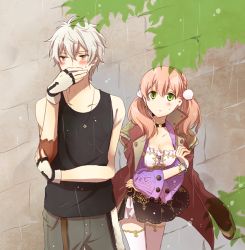 Rule 34 | 10s, 1boy, 1girl, atelier (series), atelier escha &amp; logy, black shirt, black skirt, borrowed clothes, breasts, brown eyes, cleavage, collarbone, covering own mouth, escha malier, fingerless gloves, gloves, green eyes, hair ornament, hand over own mouth, logix ficsario, medium breasts, pink hair, rain, satsu, shirt, silver hair, skirt, thighhighs, twintails, white thighhighs