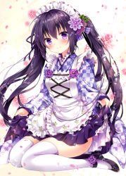 Rule 34 | 1girl, apron, black footwear, blush, checkered clothes, checkered kimono, closed mouth, clothes lift, dress, floral background, flower, frilled apron, frilled kimono, frills, full body, gochuumon wa usagi desu ka?, hair between eyes, hair flower, hair ornament, hair ribbon, high heels, holding, holding clothes, holding skirt, japanese clothes, kafuu chino, kimono, kimono skirt, lifted by self, long hair, looking at viewer, maid, maid apron, maid headdress, nogi takayoshi, petals, pleated skirt, purple eyes, purple flower, purple hair, purple ribbon, purple skirt, ribbon, shoes, sitting, skirt, smile, solo, tedeza rize, thighhighs, thighs, twintails, very long hair, wa maid, wariza, white background, wide sleeves