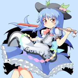 Rule 34 | 1girl, blue hair, blush, bow, female focus, food, frills, fruit, hat, hinanawi tenshi, leaf, long hair, looking at viewer, peach, red eyes, short sleeves, silane, simple background, smile, solo, sword, sword of hisou, touhou, very long hair, weapon