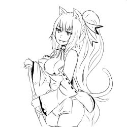 Rule 34 | 1girl, animal ears, artist request, breasts, cat ears, cat tail, cleavage, detached sleeves, fangs, greyscale, hair ribbon, katana, large breasts, long hair, monochrome, noihara himari, omamori himari, open mouth, ponytail, ribbon, solo, standing, sword, tail, weapon
